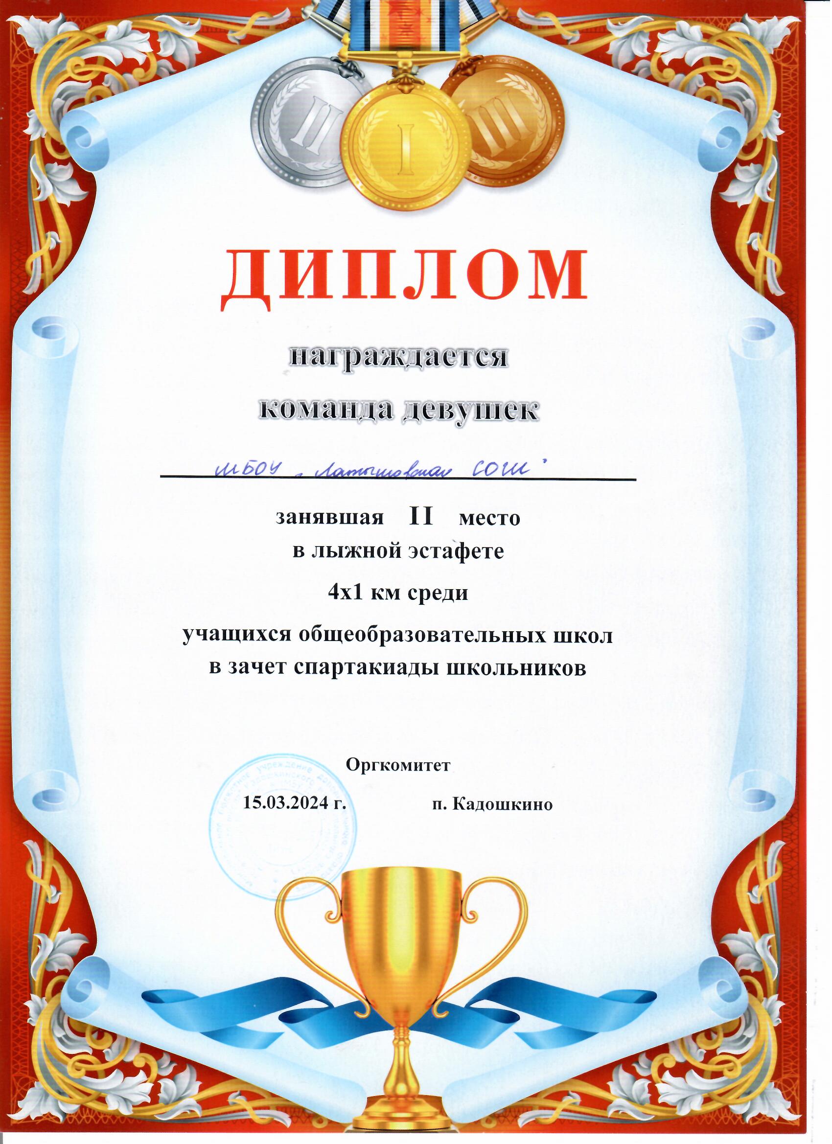 Команда девушек 2 место в лыжной эстафете 4x1 среди учащихся общеобразовательных школ в зачет спартакиады школьников.